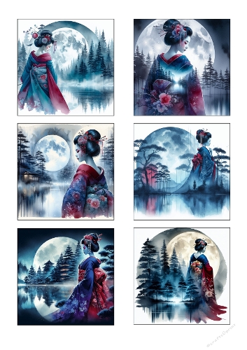 Moonlit Geisha Watercolor Bundle – Japanese Woman, Full Moon Landscape, Misty Forest & Pagoda Art Set