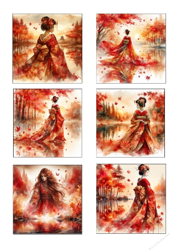Autumn Geisha Watercolor Collection – 6 Elegant Japanese Fall Art Prints