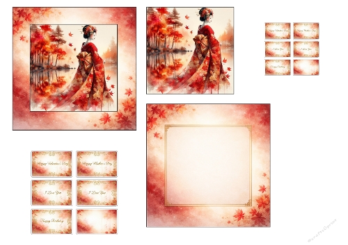 Autumn Geisha 3D Card Kit – Elegant Japanese Fall Printable with Maple Leaves & Romantic Tags