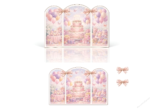 Pastel Birthday Party 3D Printable Card Kit – Floral Cake, Balloons & Gift Boxes Triptych