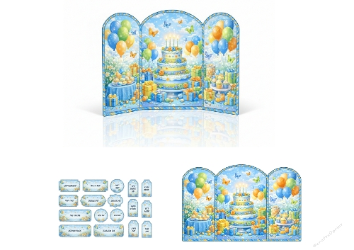 Blue Birthday Party Trifold 3D Card Kit – Balloons & Cake Printable
