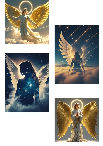 Heavenly Angel Art Collection – 4 Golden Wing Celestial Spiritual Illustrations