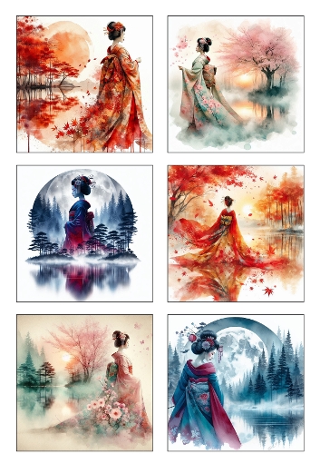 Japanese Geisha Watercolor Collection – 6 Elegant Seasonal Asian Art Illustrations