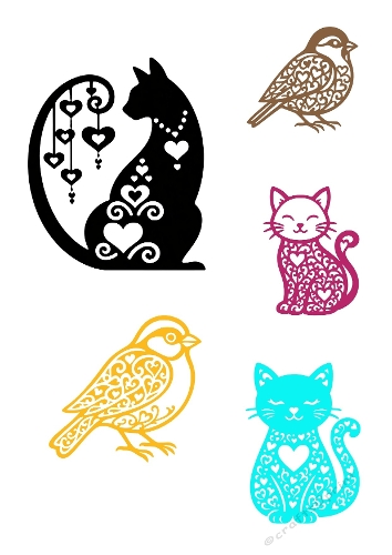 Cat and Bird Heart Layered Silhouette Cut Files 