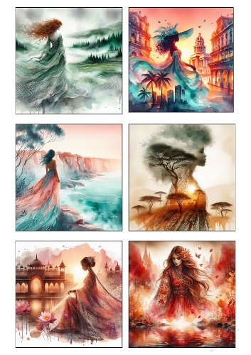 Women Around the World Watercolor Art Kit – 6 Dreamy Feminine Landscape Illustrations