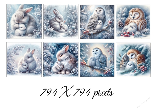 Winter Baby Animals Watercolor Clipart Set – 8 Cute Rabbits & Owls 794x794 PNG