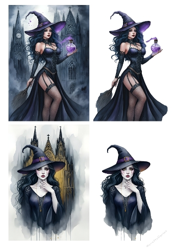 Gothic Witch Watercolor Clipart Set – Dark Fantasy Halloween PNG Bundle