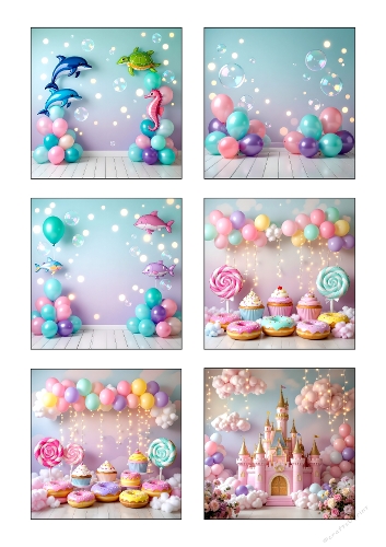 Pastel Underwater & Princess Birthday Background Bundle – Balloon Party Digital Backdrops