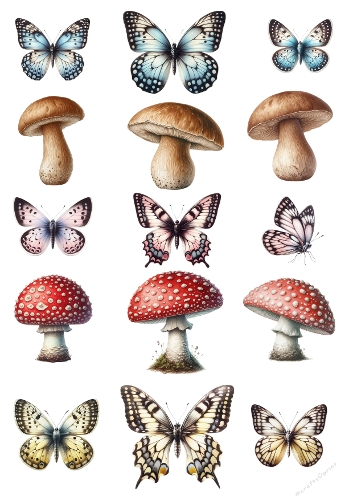 Kit watercolor mushrooms and butterflies 