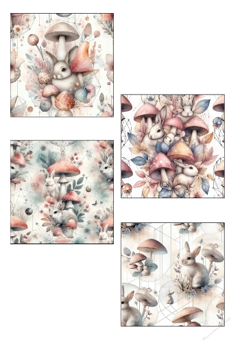 seamless pattern contemporary art  mushrooms and rabbits 