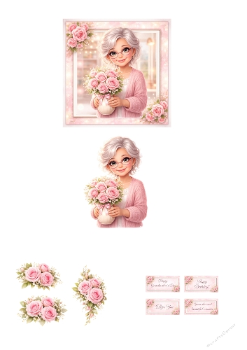 Grandmother Day Card Clipart Bundle – Cute Grandma with Roses PNG