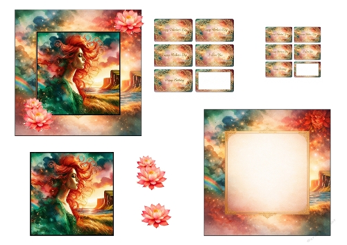 Mystical Redhead Woman Printable Card Bundle – Fantasy Lotus Art – Watercolor Landscape Frame – Editable Greeting Card Set