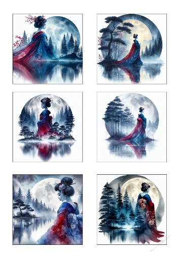 Watercolor Geisha Moon Art Bundle – Japanese Fantasy Clipart Set – Misty Forest Reflection – Asian Woman Printable Wall Art