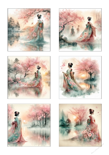Watercolor Geisha Sakura Bundle – Japanese Spring Clipart Set – Cherry Blossom Woman – Misty Lake Oriental Art Printable