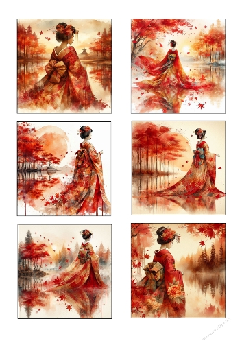 Watercolor Autumn Geisha Bundle – Japanese Red Maple Art – Fall Kimono Woman Clipart – Oriental Lake Landscape Printable Set
