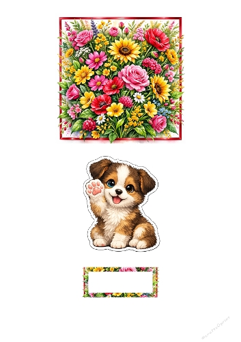 Floral Bouquet & Cute Puppy Clipart Set – Spring Flowers Frame with Adorable Dog Sticker Design