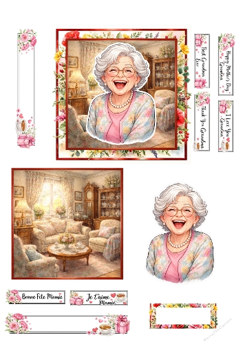 Grandma Mothers Day Clipart Set – Vintage Floral Portrait & Cozy Living Room Background