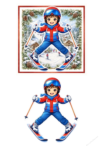 Cute Boy Skiing Winter Card Design – Christmas Snow Background
