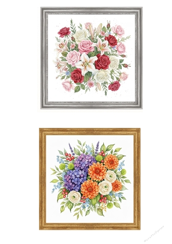 Elegant Floral Bouquet Frame Set – Roses, Lilies & Hydrangeas Wall Art Bundle