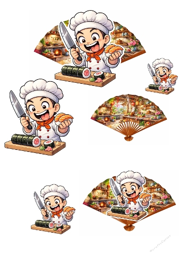 Funny 3d topper cook man with sushis and fan 