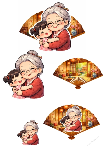 Grand mother and little girl 3d topper with fan kawaii