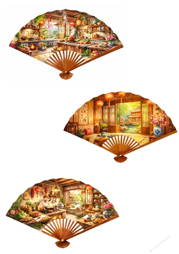 kit beautiful fans watercolor with landscape 