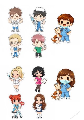 Kit 10 étiquettes kawaii nurse veterinary 