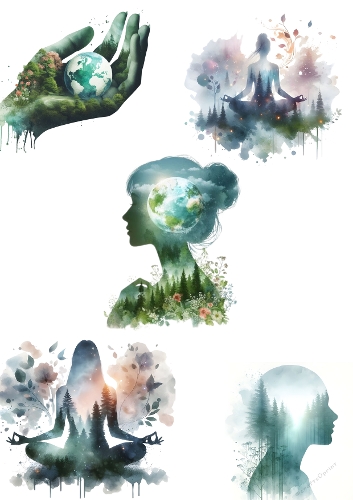 Watercolor Eco Woman Silhouette with Earth and Forest Elements