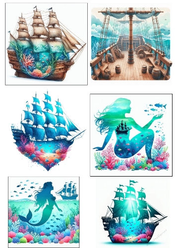 Fantasy Mermaid and Pirate Ship Double Exposure with Coral Reef Underwater Scene