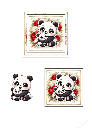 Mama and Baby Panda with Flowers 3D Card