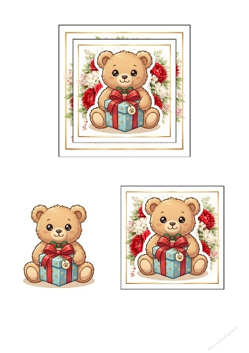 Kawaii Teddy Gift with Red Flowers 3D Card