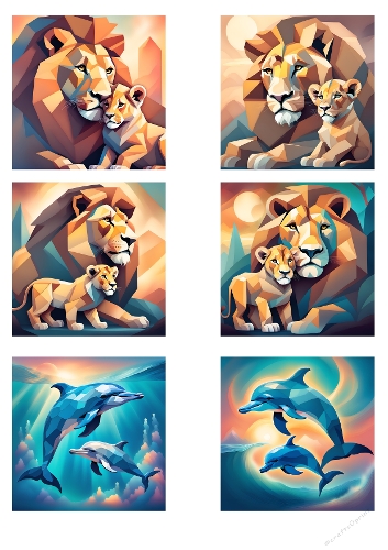 Set of 6 Geometric Animal Illustrations – Lion & Dolphin Art Collection