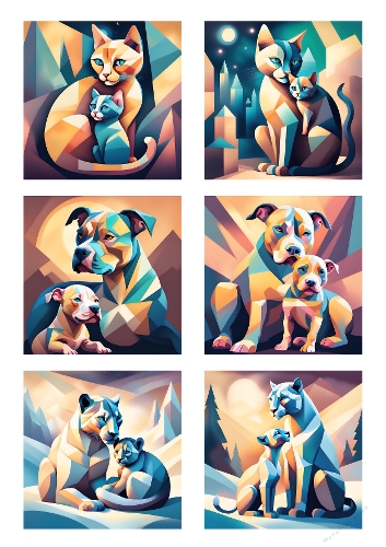 Modern Cubic Animals Set – 6 Cat, Panther & Dog Mother and Baby Designs – Printable Art Kit