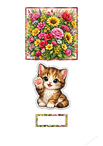 Easy 3D Card – Cute Kitten & Floral Bouquet – Printable Card Topper
