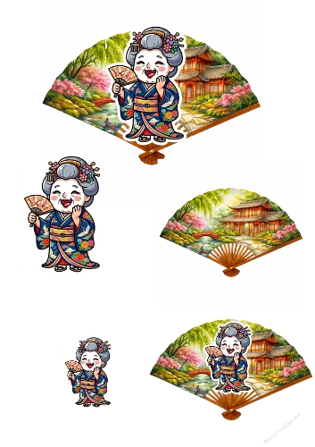 Simple 3D Card – Funny Grandmother Geisha with Fan – Printable Card Topper