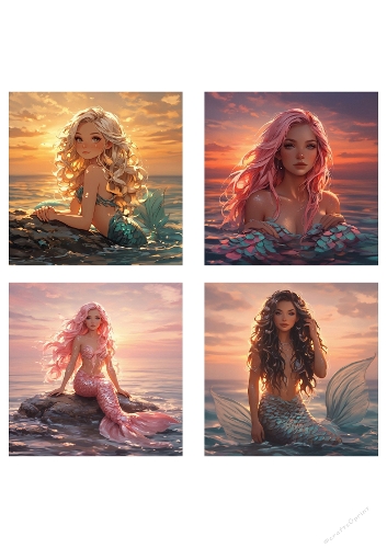 Watercolor Mermaid Set – 4 Fantasy Illustrations – Printable Art Kit