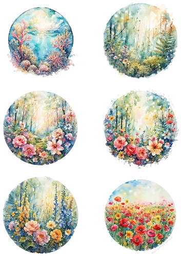 Kit 6 circle backgrounds china ink ocean forest and flowers 