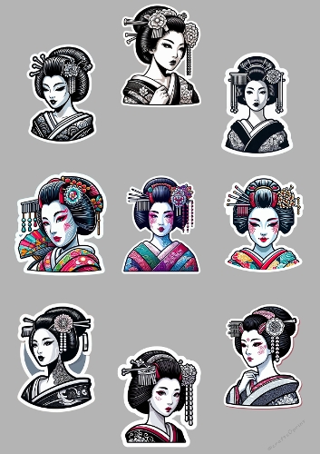 Geisha kit 9 stickers flat illustrations