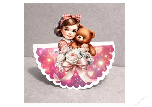 cute culbuto 3d card with vintage girl and hearts glitters background