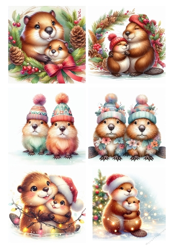 Set of 6 Winter Beaver Illustrations – Christmas & Cozy Forest Scenes