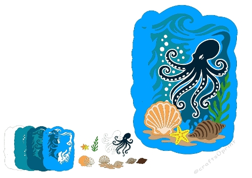 14-Layer 3D Octopus & Coral Reef Shadow Box SVG - Deep Sea Ocean Scene