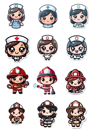 Kawaii Nurses and Firefighters Characters Cute Medical Rescue Clipart Kit