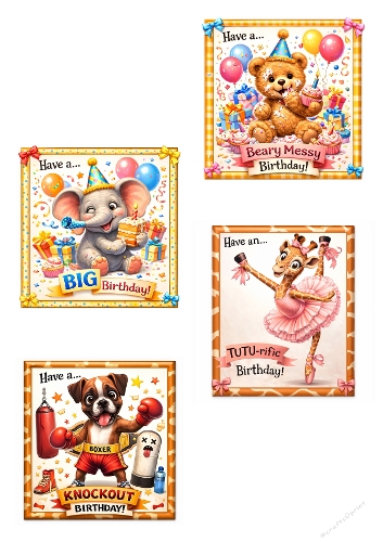 Cute Animal Puns Birthday Kit - 4 Mini 3D Decoupage Toppers for Kids