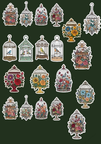 A4 Sticker Sheet – Vintage Birdcages with Flowers & Birds