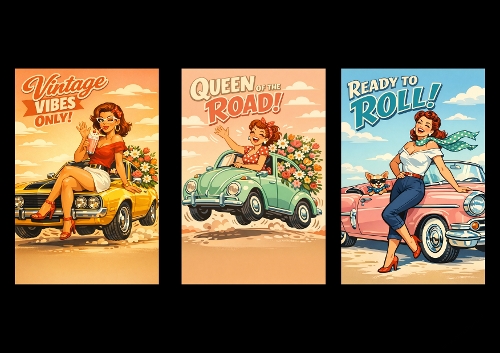 Vintage Vibes & Retro Cars Kit - 3 Simple A4 Digital Card Toppers