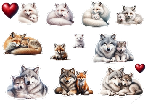 Wildlife Family Sticker Kit - A4 Printable Sheet with Foxes, Wolves & Arctic Cubs
