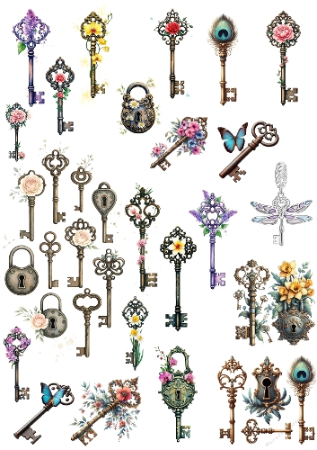 Secret Garden Keys & Locks - Large A4 Decorative Sticker Sheet