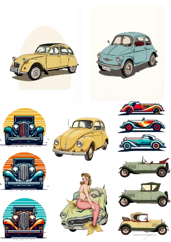 Vintage Classic Cars Collection - Retro Automobile Digital Toppers & Ephemera