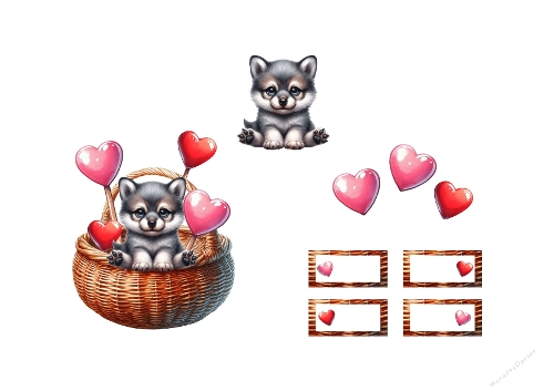 Adorable Wolf Pup in Basket 3D Topper - Heart Balloon Digital A4 Card Kit