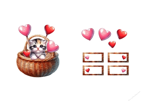 Adorable Calico Kitten in Basket 3D Topper - Heart Balloons & Tags A4 Digital Kit